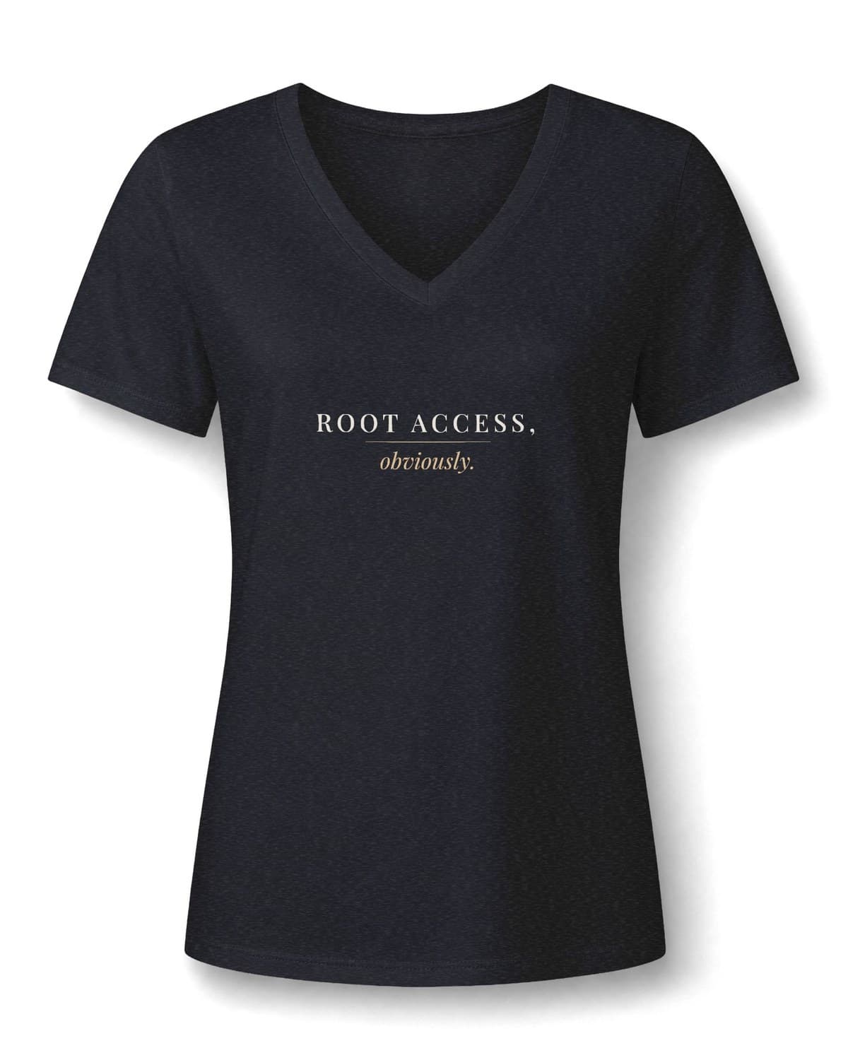 Black Heather V-neck tee printed in ivory with ROOT ACCESS, and obviously. in camel italic