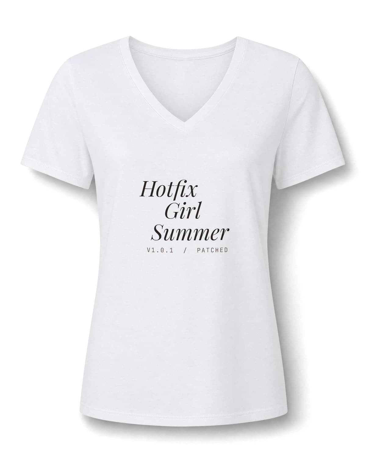 Solid White Blend V-neck tee printed with Hotfix Girl Summer in espresso italic
