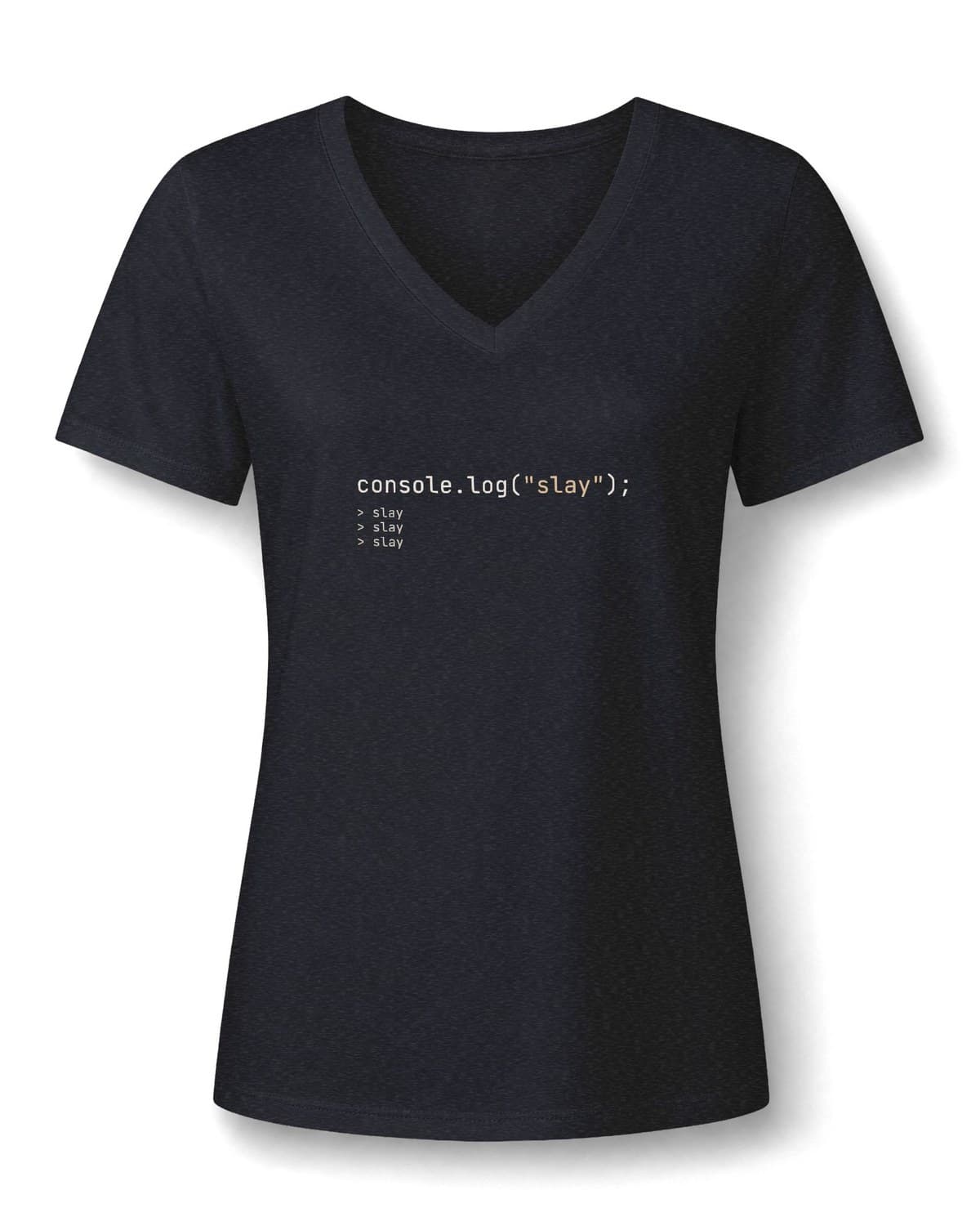 Black Heather V-neck tee printed with console.log("slay"); and three lines of output