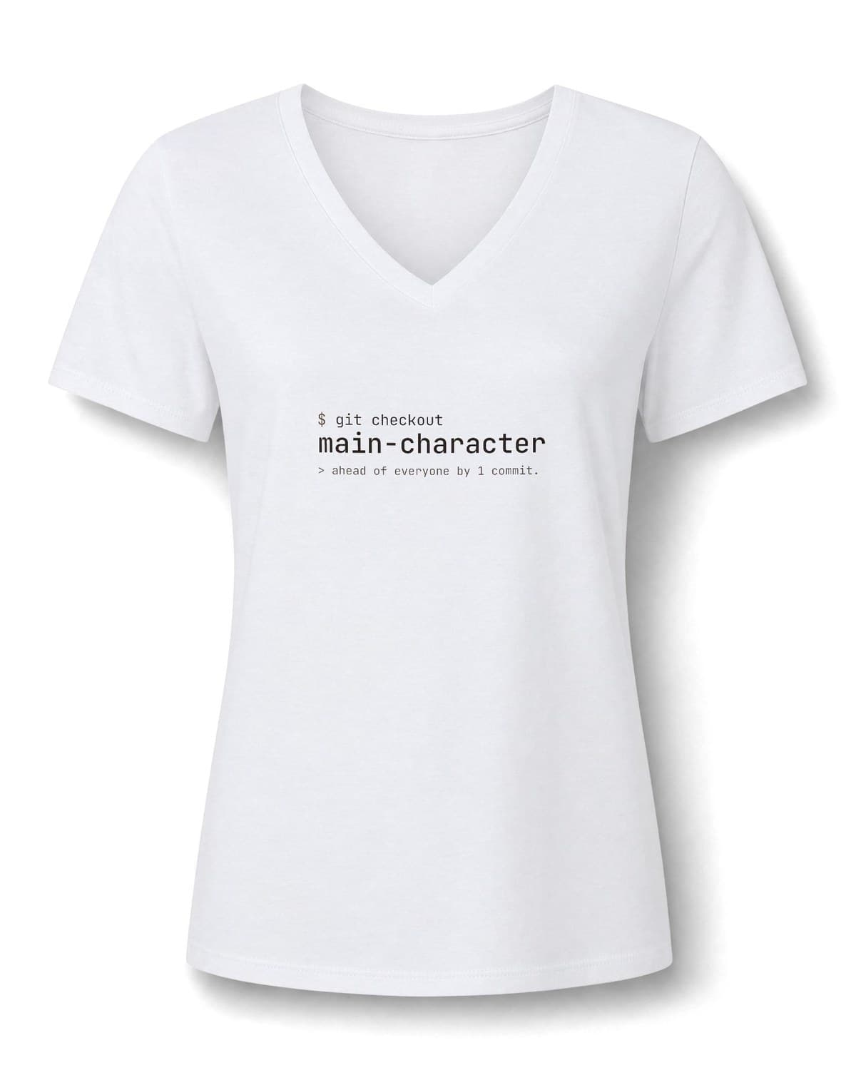 Solid White Blend V-neck tee printed with the terminal command git checkout main-character