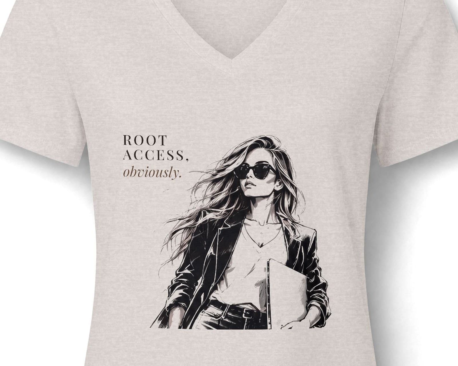 Close up of the Root access, obviously. tee: the READ ONLY woman in sunglasses and a blazer, printed in ink on Heather Dust