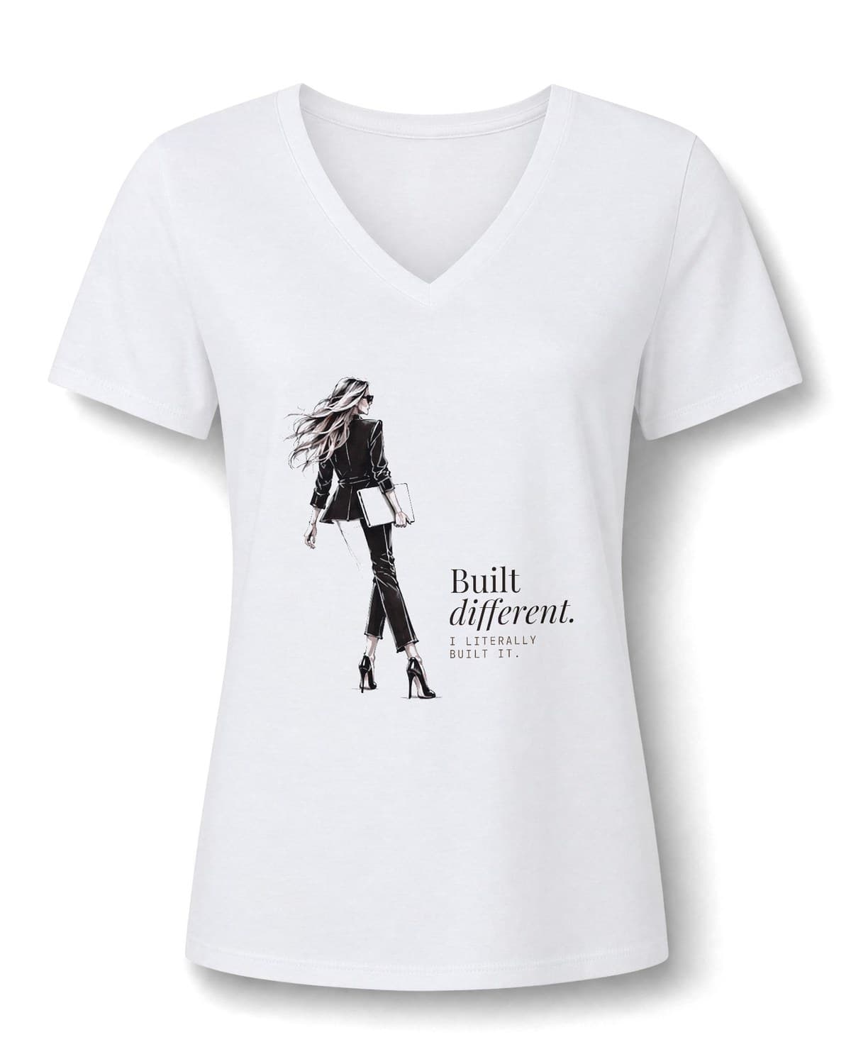 White V-neck tee printed with an ink drawing of the READ ONLY woman walking away in a black suit, beside Built different. I literally built it.
