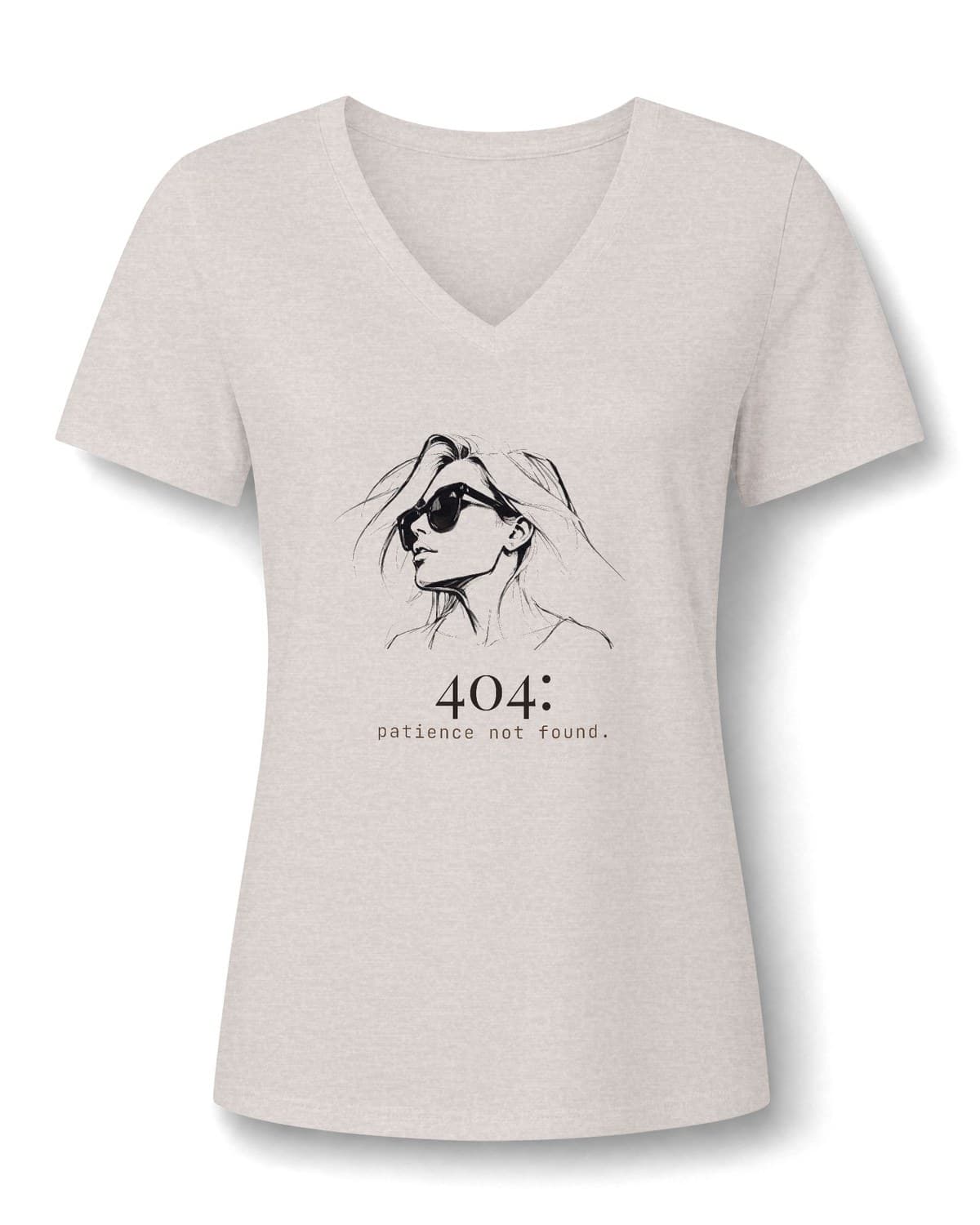 Heather Dust V-neck tee printed with an ink portrait of the READ ONLY woman in sunglasses above 404: patience not found.