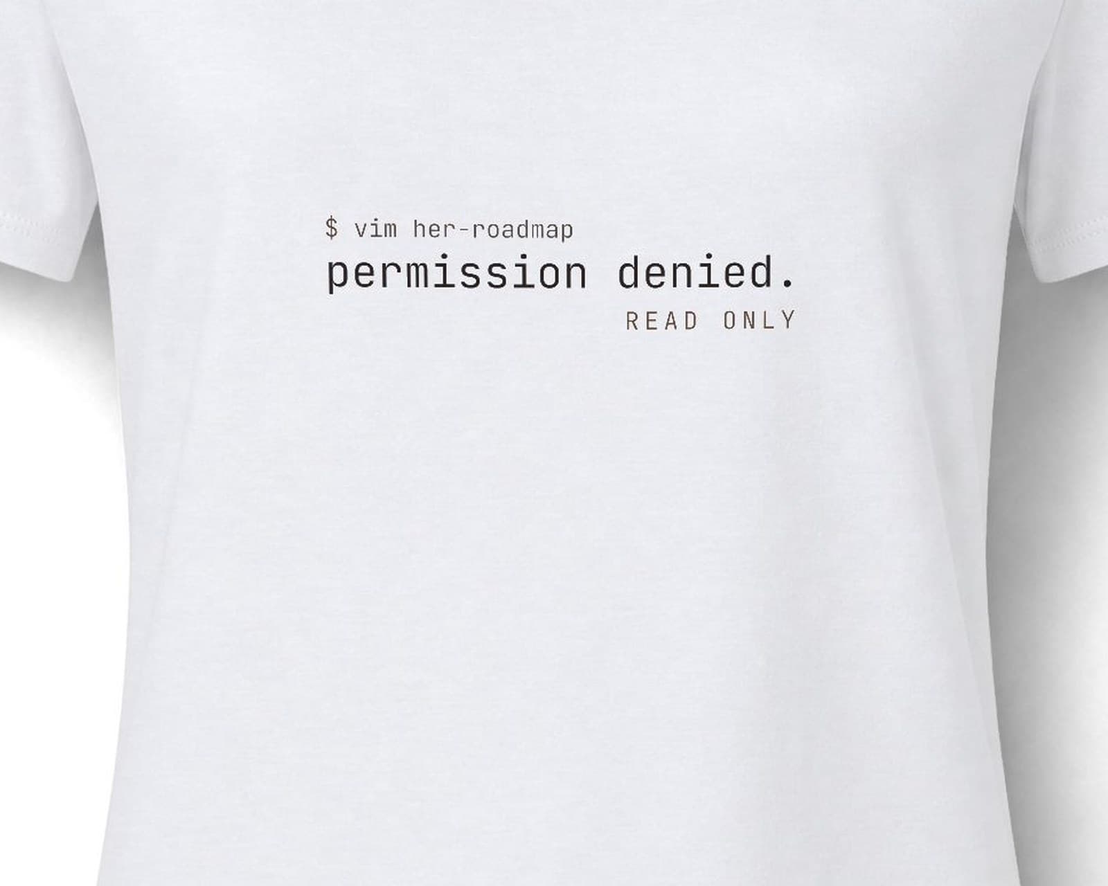 Close up of the chest print on the permission denied, in white tee