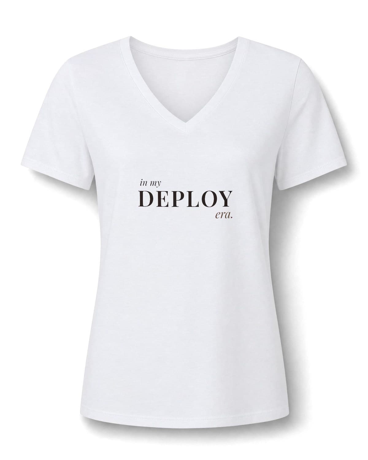 Solid White Blend V-neck tee printed in espresso with in my DEPLOY era.
