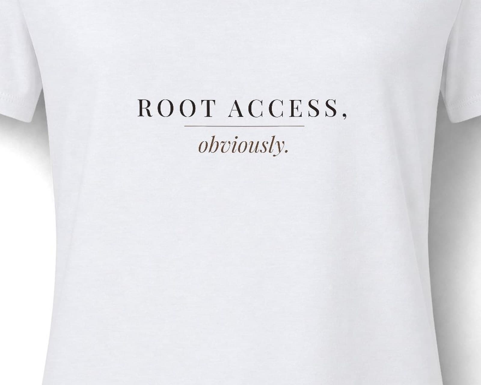 Close up of the chest print on the Root access, obviously, in white tee