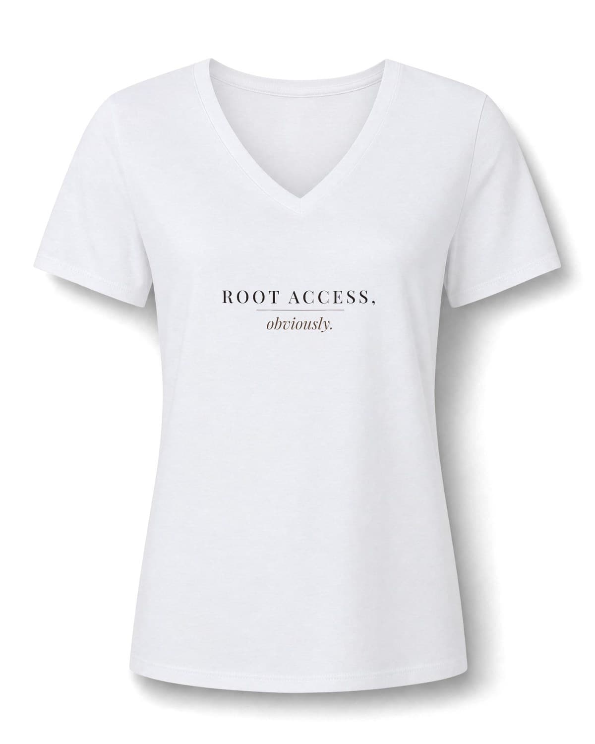 Solid White Blend V-neck tee printed in espresso with ROOT ACCESS, and obviously. in brown italic
