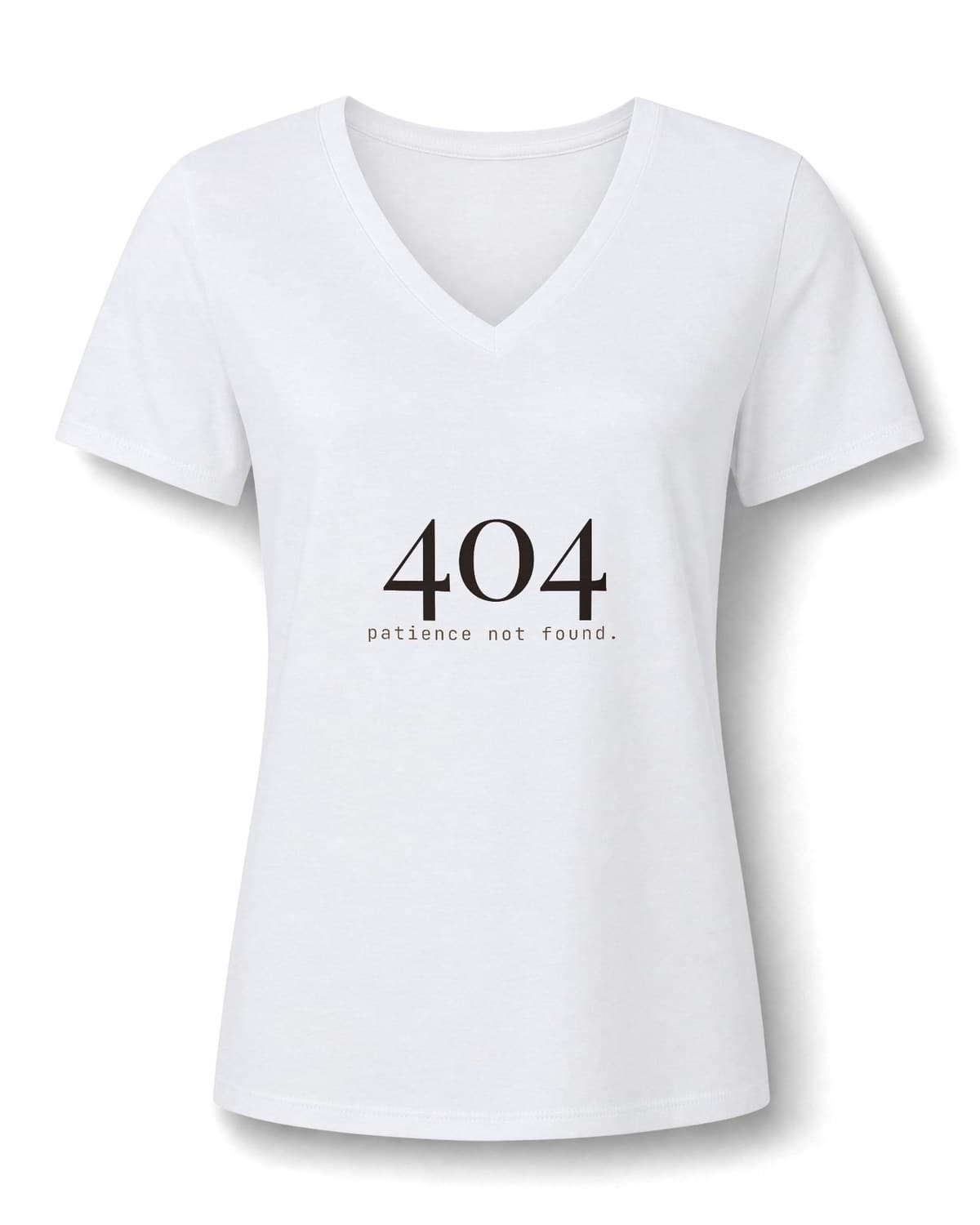 Solid White Blend V-neck tee printed in espresso with a large 404 and patience not found.