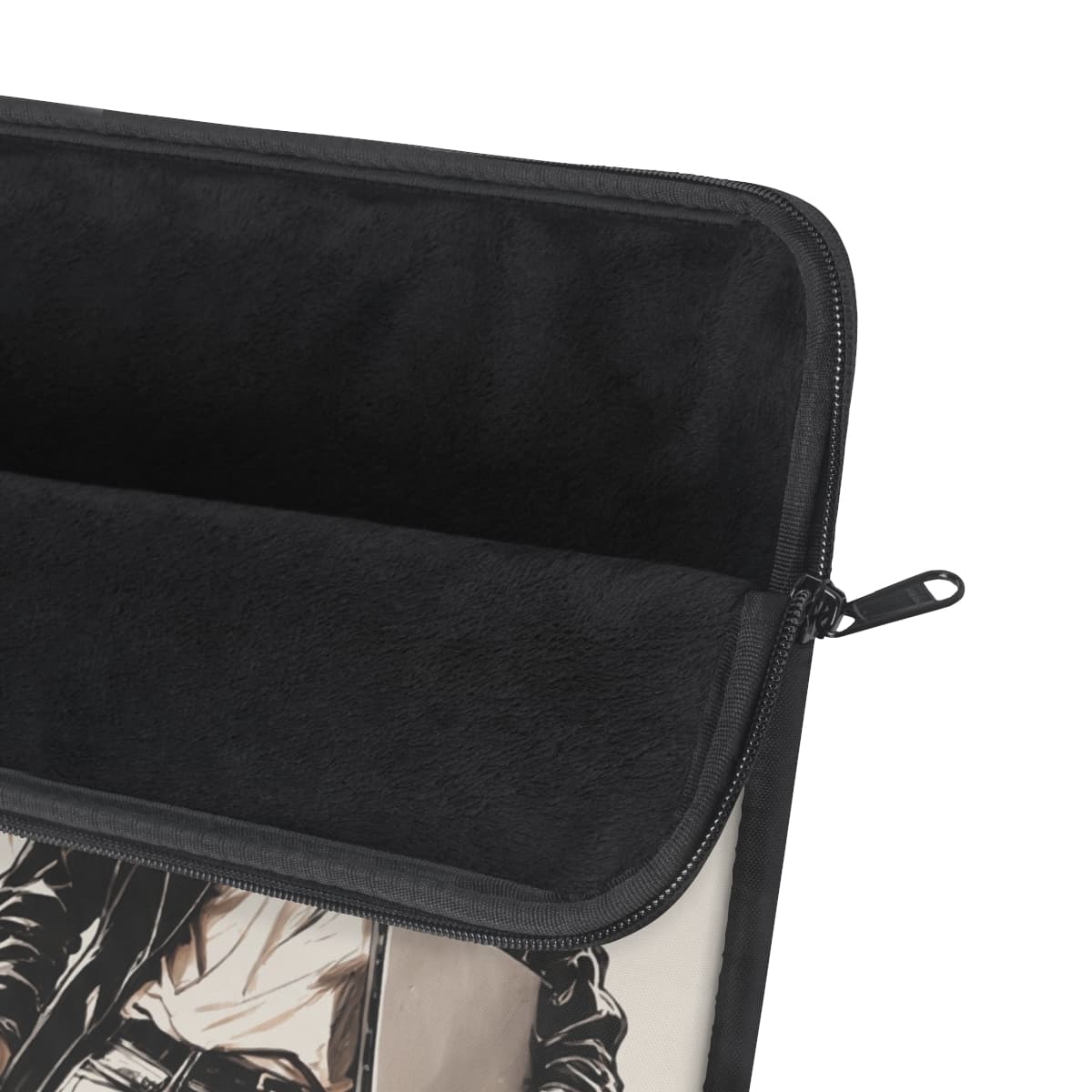 The laptop sleeve unzipped, showing the black plush fleece inside