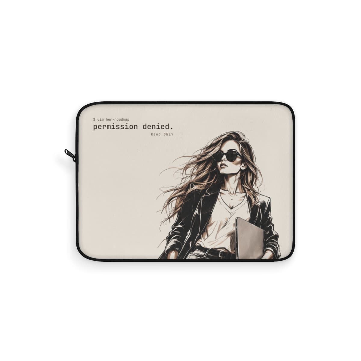An ivory laptop sleeve printed with the READ ONLY woman in sunglasses and a blazer, laptop under her arm, beside permission denied. and READ ONLY