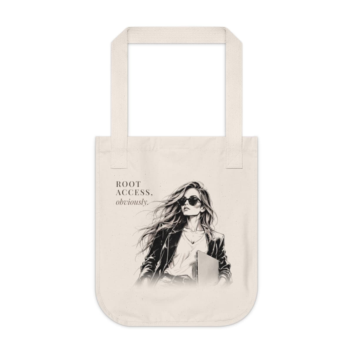 A natural canvas tote printed with the READ ONLY woman in sunglasses and a blazer, beside ROOT ACCESS, obviously.