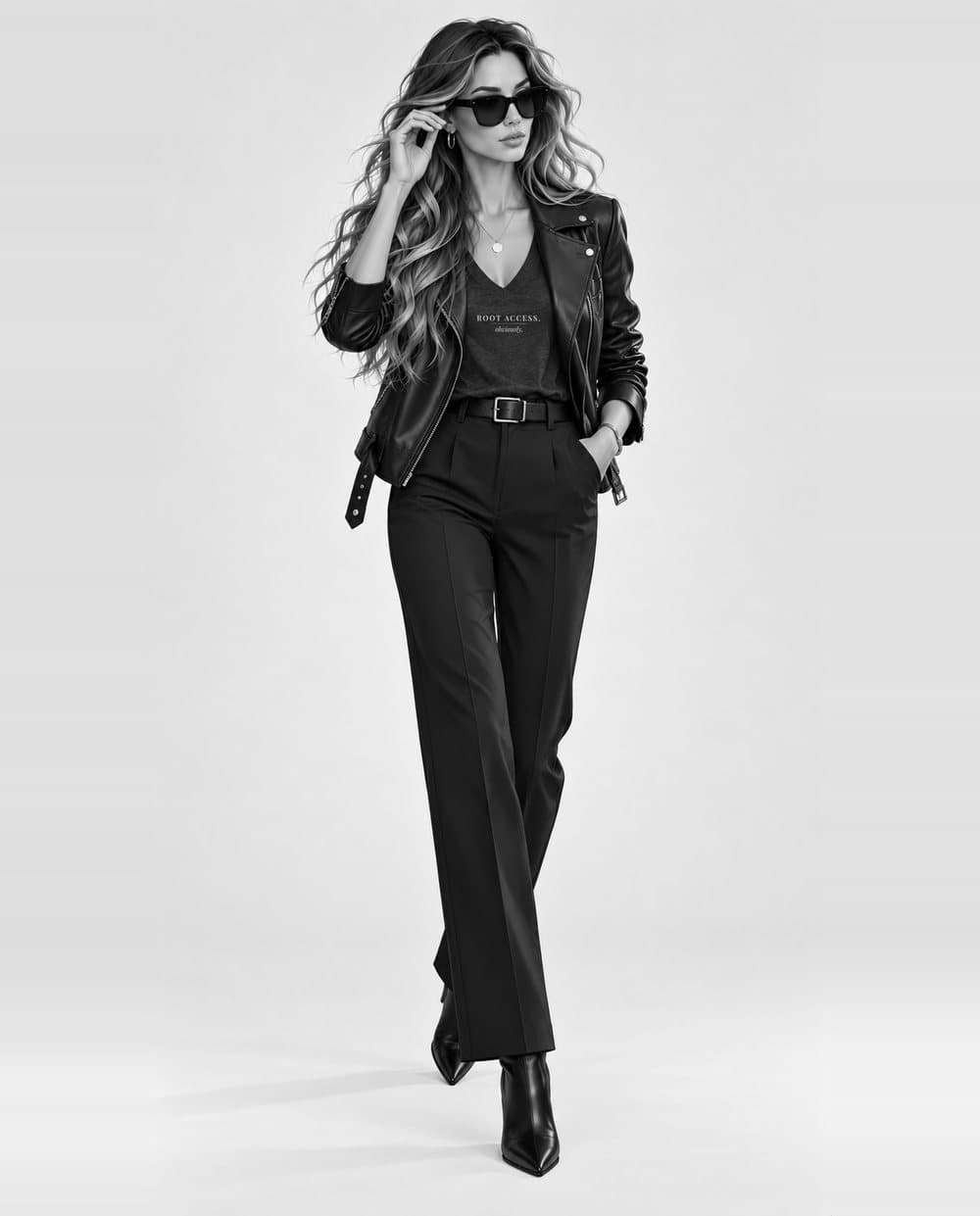 Black and white illustration of Ada, the READ ONLY character, in sunglasses and a black moto jacket over the ROOT ACCESS, obviously. tee